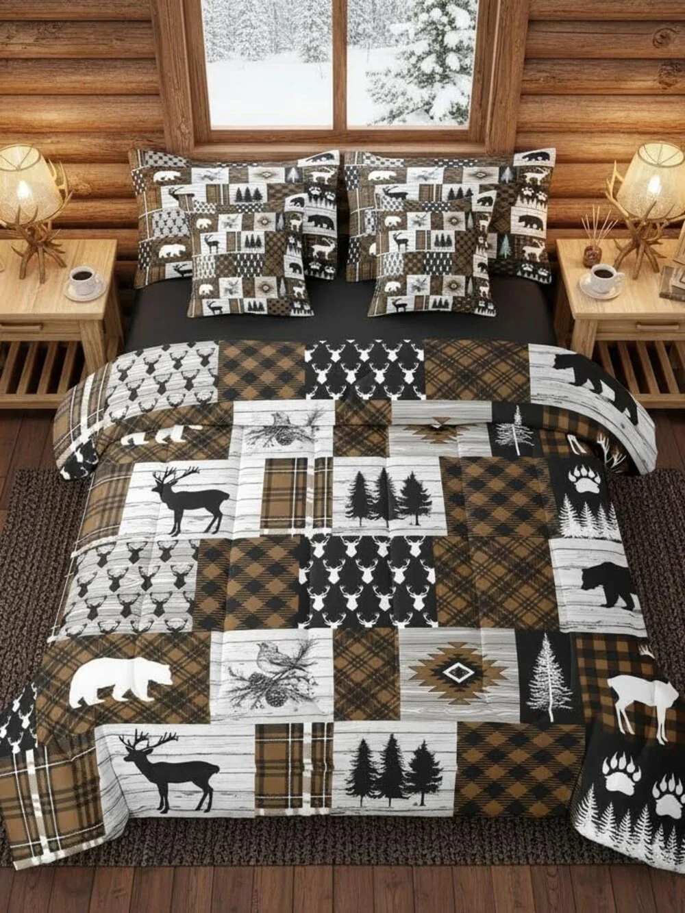 Brown Cabin King Size Comforter Set with Sheets Patchwork Rustic Bedding Set 7 P